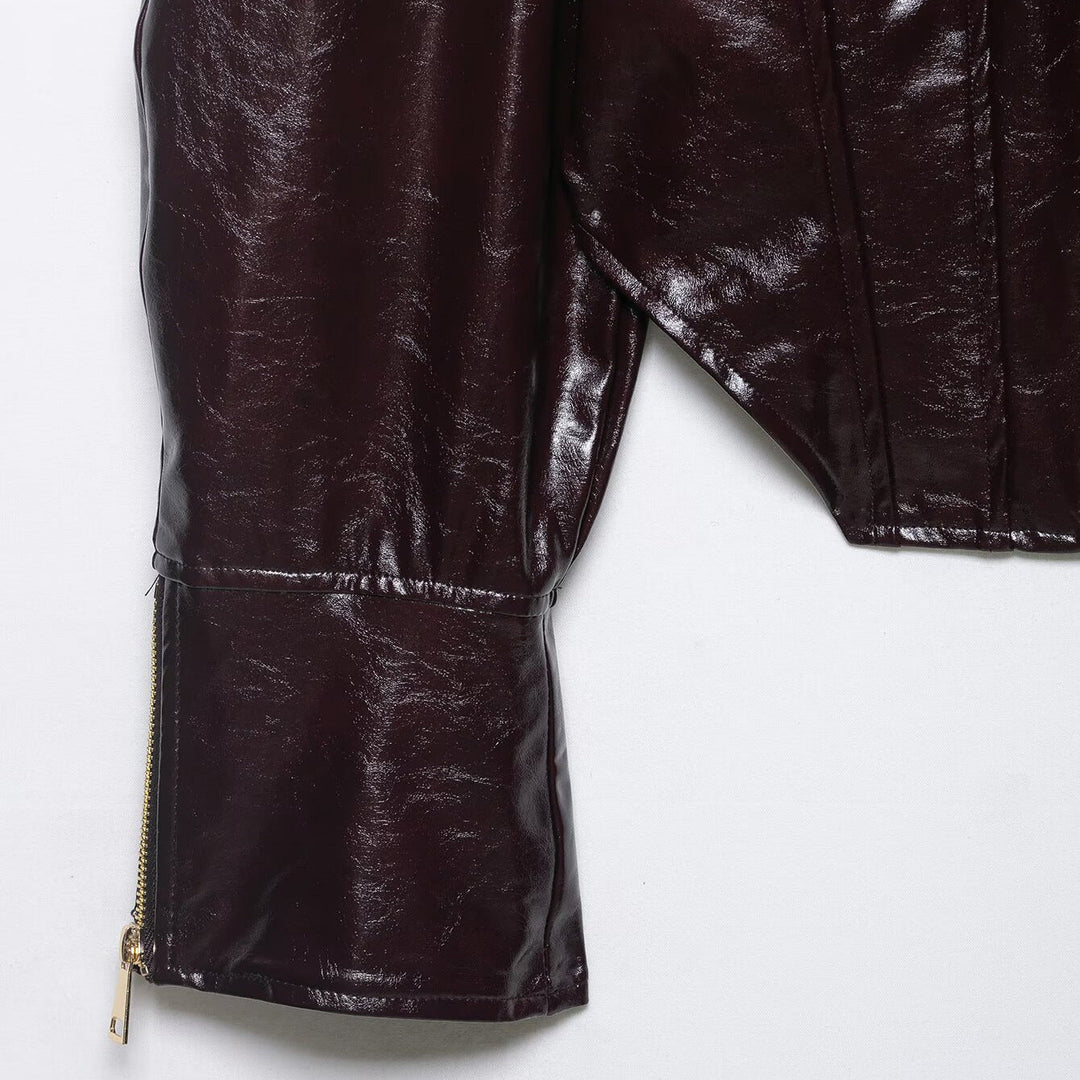 Dam Kort Shiny Bikerjacka i Läderlook med Emphasized Shoulder Area