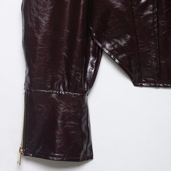 Dam Kort Shiny Bikerjacka i Läderlook med Emphasized Shoulder Area
