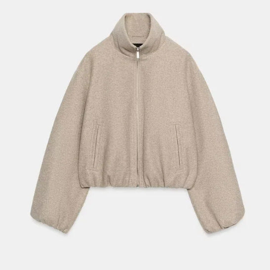 Dam Kort Skärning Bouclé Blouson Jacka med Stå Krage, Elastic Nederkant och Balloon Ärmar