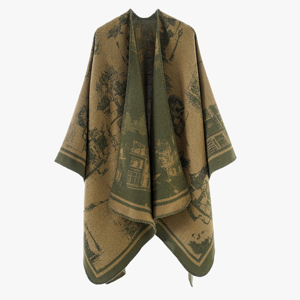 Dam Jacquard capeponcho med iconic city Jacquard och open oversized fall