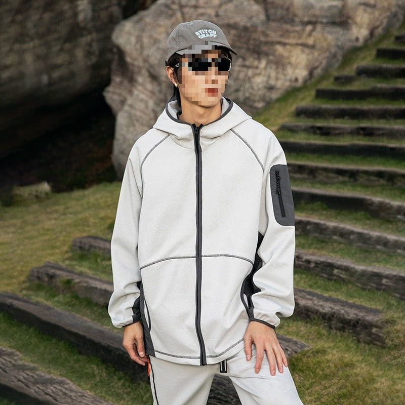 Herr Oversize Frilufts Fleece Jacka med Huva, Ärm Dragkedja Ficka &amp; Dragsko