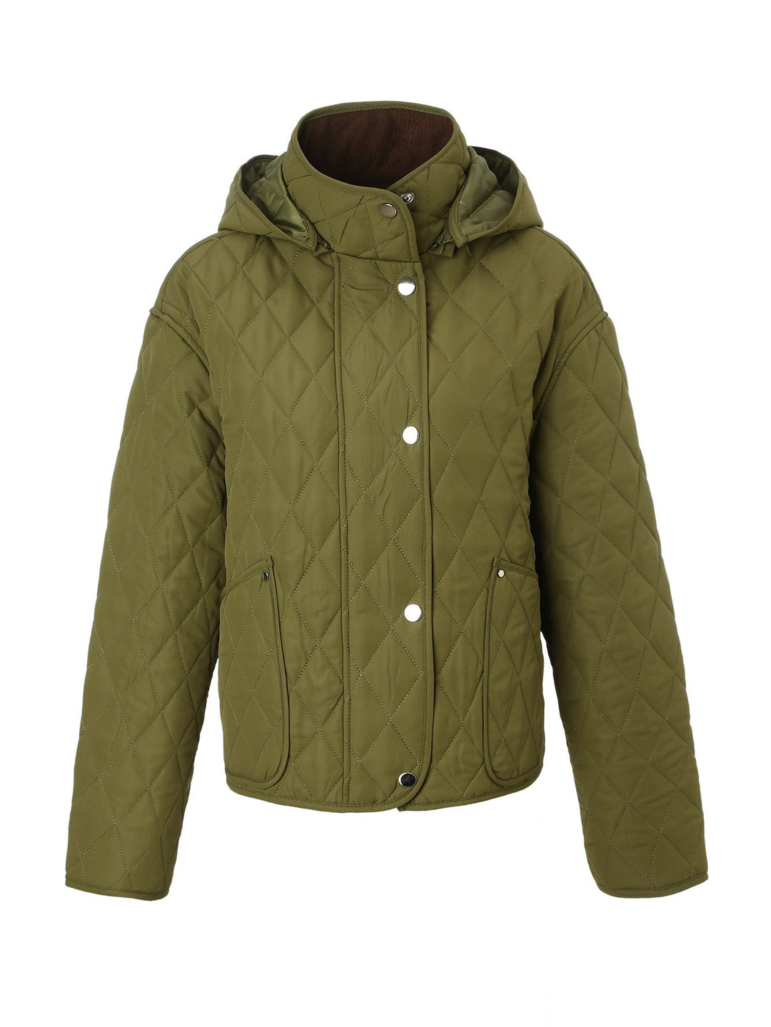 Dam kviltad jacka med huva, kviltad diamond structure och flap fickor