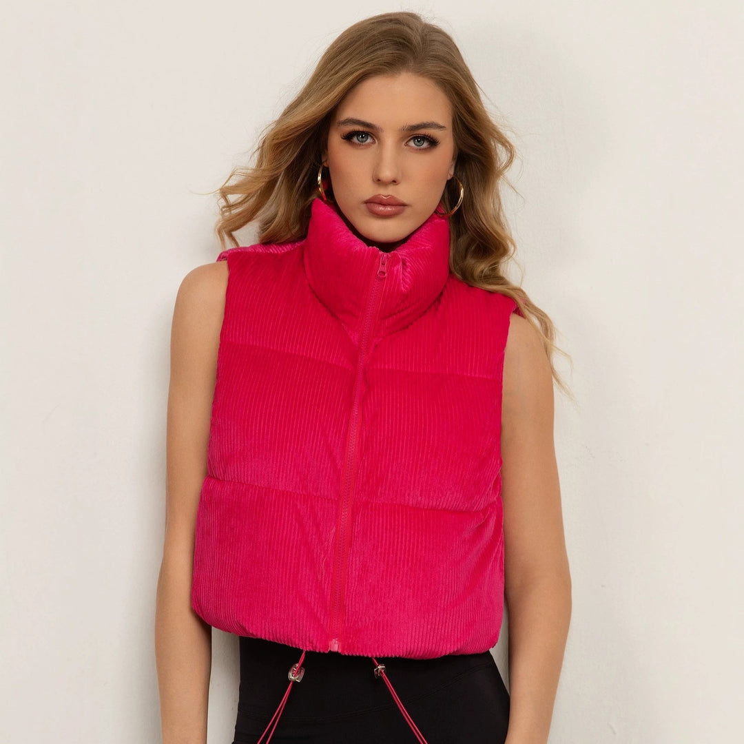 Dam non-vadderad manchester boxy väst med voluminous ståkrage och adjustable drawstring fåll