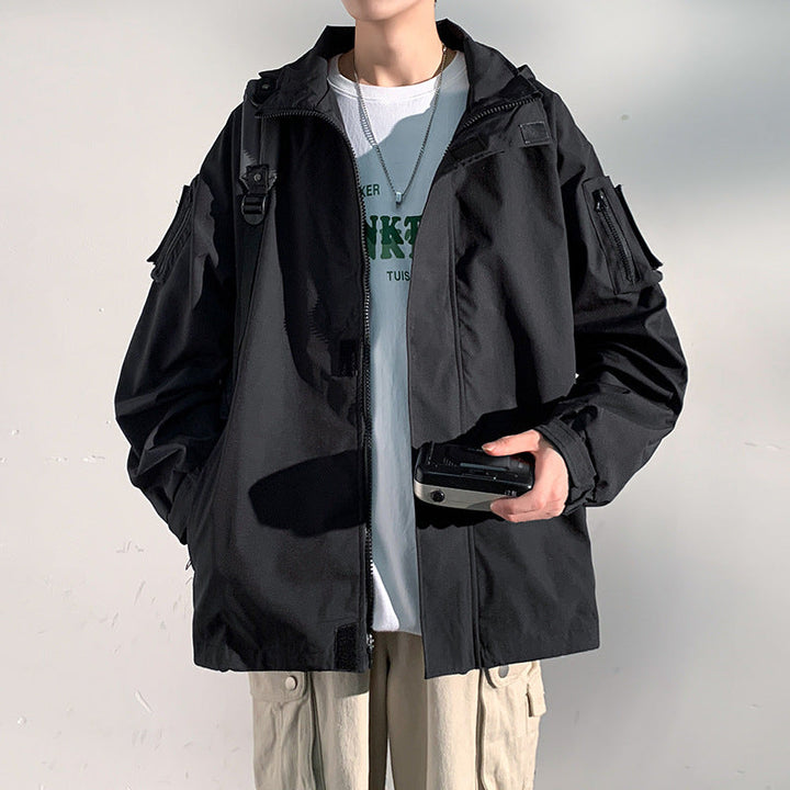 Herr two-lager softshell overlay jacka med huva, vind och vatten avvisande membran och justerbar fåll