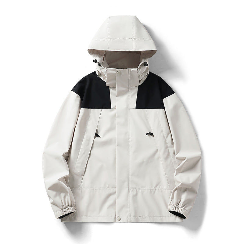 Herr tvåfärgad lätt softshell utomhusjacka med huva, vind- och vattenresistent membran