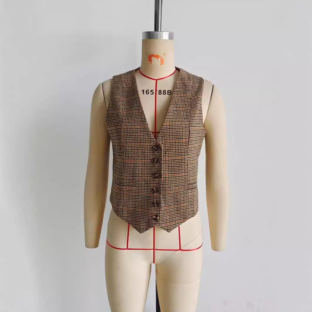 Dam Skräddarsydd Houndstooth Väst med V-ringad och Klassisk Knapplist