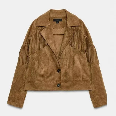 Dam Kort Velour Fringed Jacka med Notched Lapel