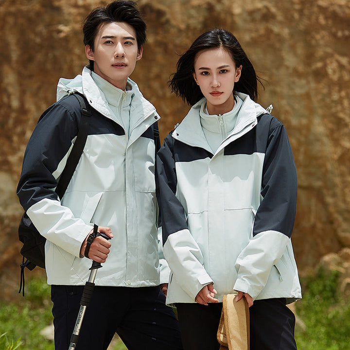 Unisex två-layer vattenavvisande utomhusjacka med huva och färg block design