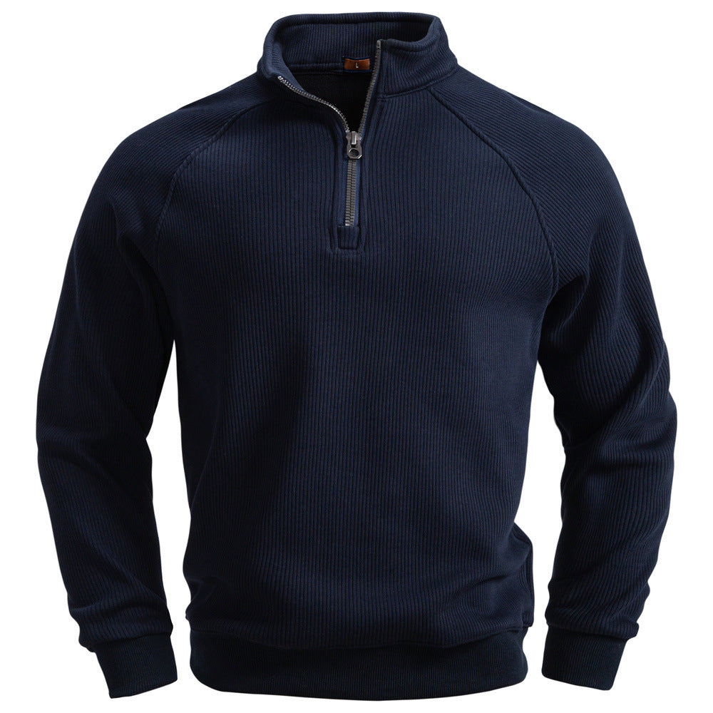 Herr Fin Ribbad Halv Dragkedja Pullover med Ståkrage, Raglanärmar, och Elastiska Muddar