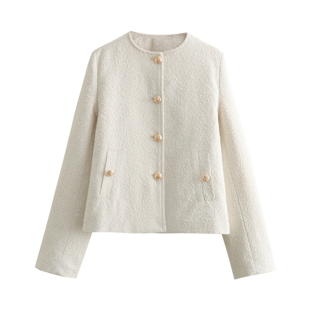 Dam elegant bouclé cropped jacka med round neckline, gold button detaljer, och patch waist fickor