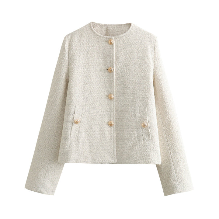 Dam elegant bouclé cropped jacka med round neckline, gold button detaljer, och patch waist fickor