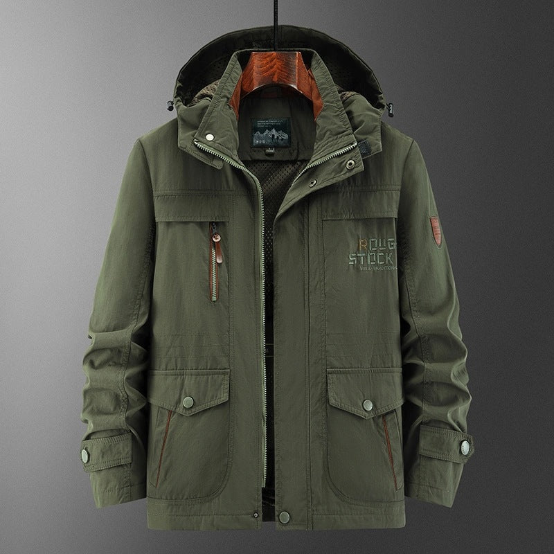 Herr Weatherproof Utility Fältjacka med Huva, Mesh Foder och Multi-Function Fickor