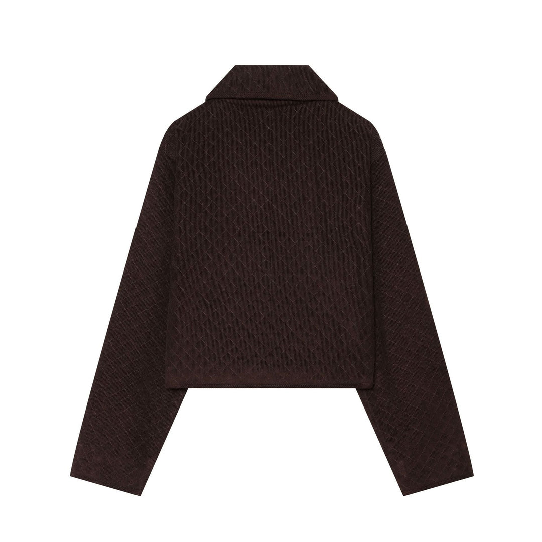 Dam Kort Quiltad Cord Jacka med Rounded Krage och Lock Fickor