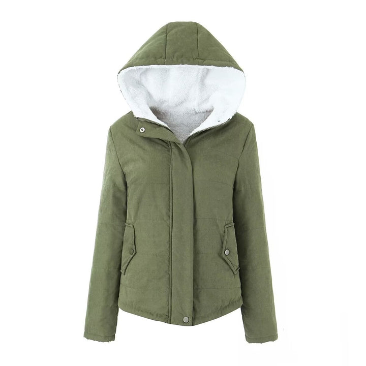 Dam quiltad hooded jacka med teddy foder, concealed snap knäppning och flap fickor