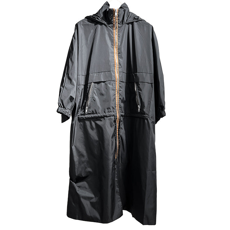 Dam lätt oversize Raincoat med huva, två-Way dragkedja och dold dragkedja fickor