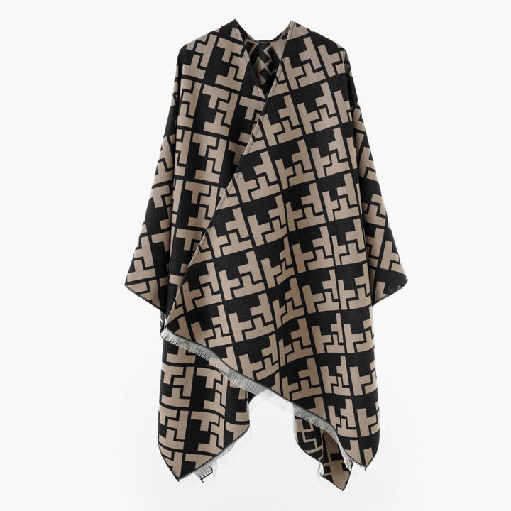 Dam Oversize Cape med Geometric Jacquard och fransfåll