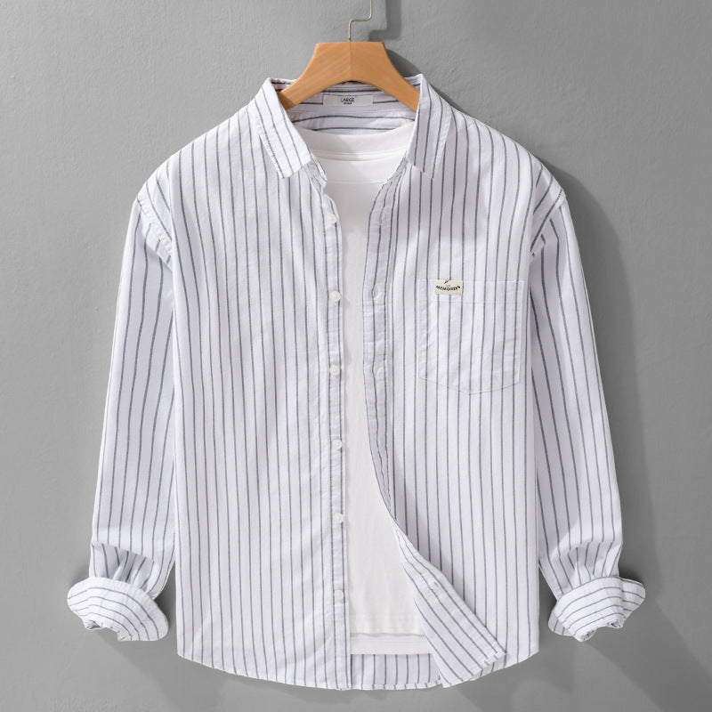 Herr Randig Layering Overshirt Tillverkad av Mjuk Bomullsblandning med A Kent Krage och Utanpå Bröstficka