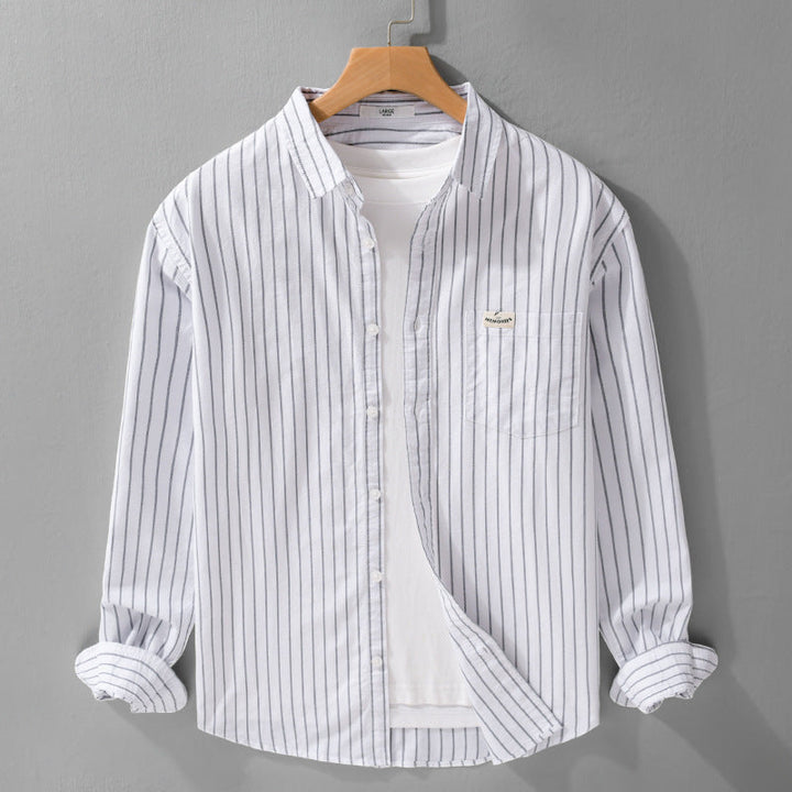 Herr Randig Layering Overshirt Tillverkad av Mjuk Bomullsblandning med A Kent Krage och Utanpå Bröstficka