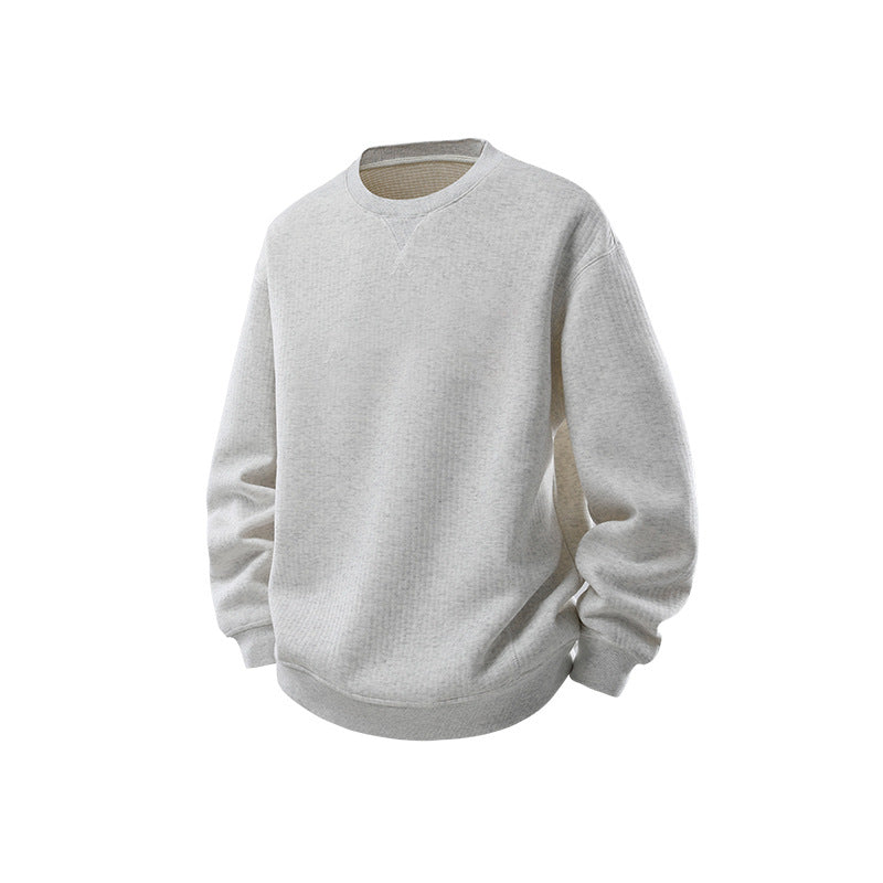 Herr Oversized Waffle Stickad College-Tröja med Round Neck, Extended Back Fåll och Ribbstickade Muddar