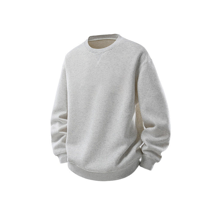 Herr Oversized Waffle Stickad College-Tröja med Round Neck, Extended Back Fåll och Ribbstickade Muddar
