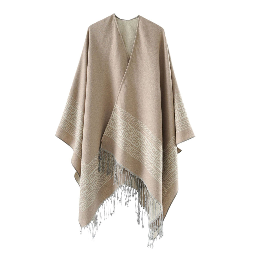 Dam Reversible ullblandning kimono stil Wrap med Ornamental Border och Decorative Fringes