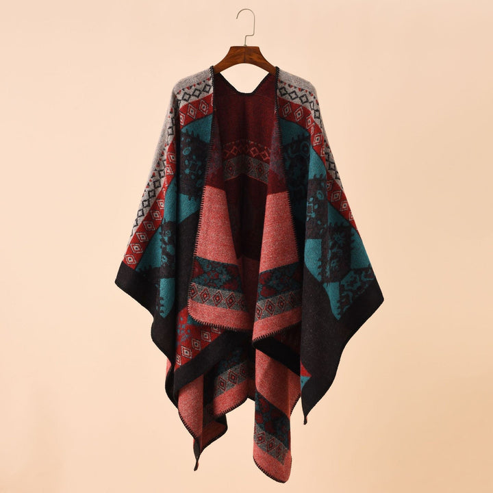 Dam Jacquard poncho Cape med Ethno mönster och ullblandning