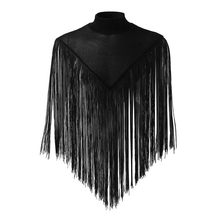 Dam Lång Fringed Cape med Turtleneck och V-Shaped Insert