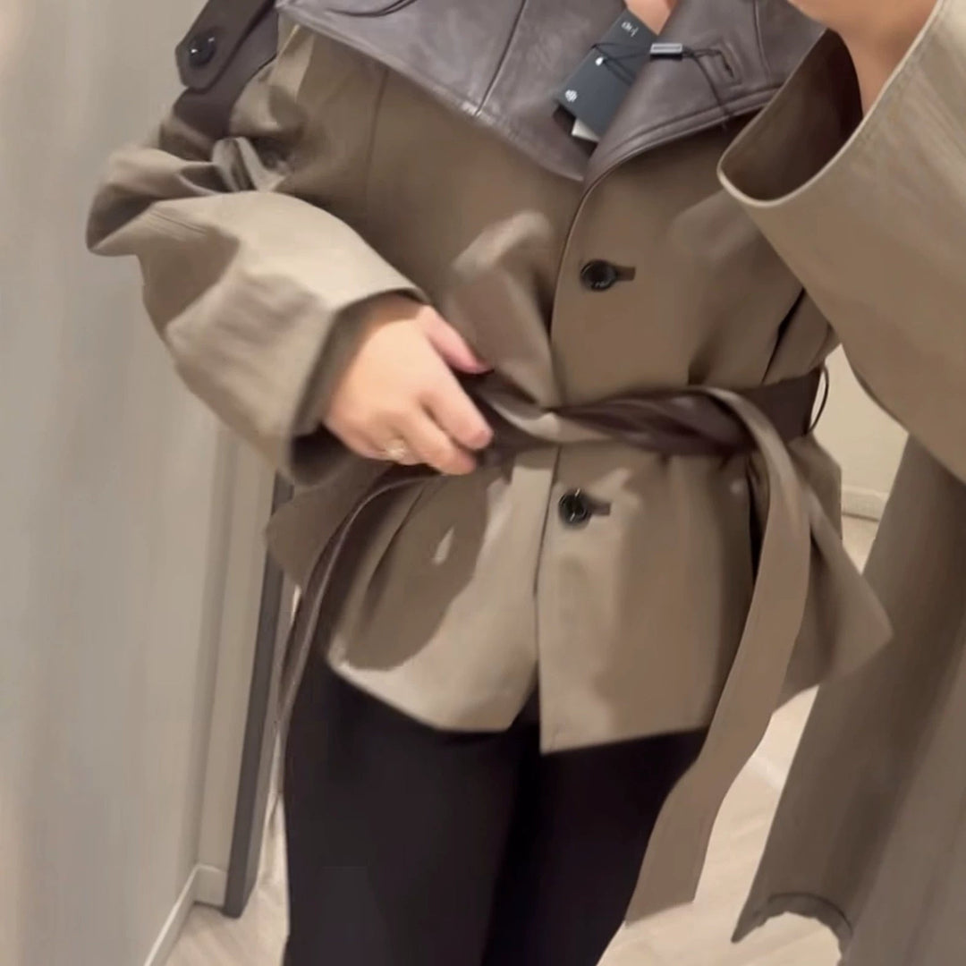 Dam Kort Jacka med Oversize Läder Krage och Tie Belt