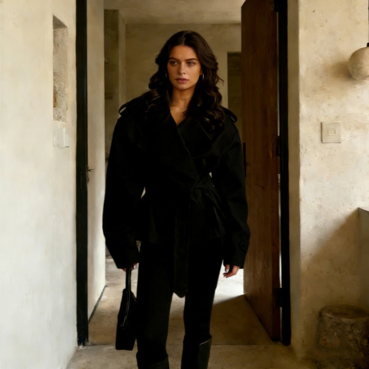 Dam kort trenchcoat med Double knappslå, midjebälte, och Shoulder Straps