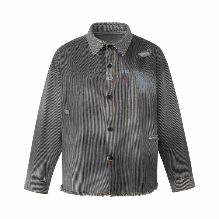 Dam Overshirt Jacka Gjord av Randig Denim med Fringes och Used Detaljer