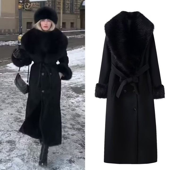 Dam elegant ull kappa med stor Faux Fur krage och knytband