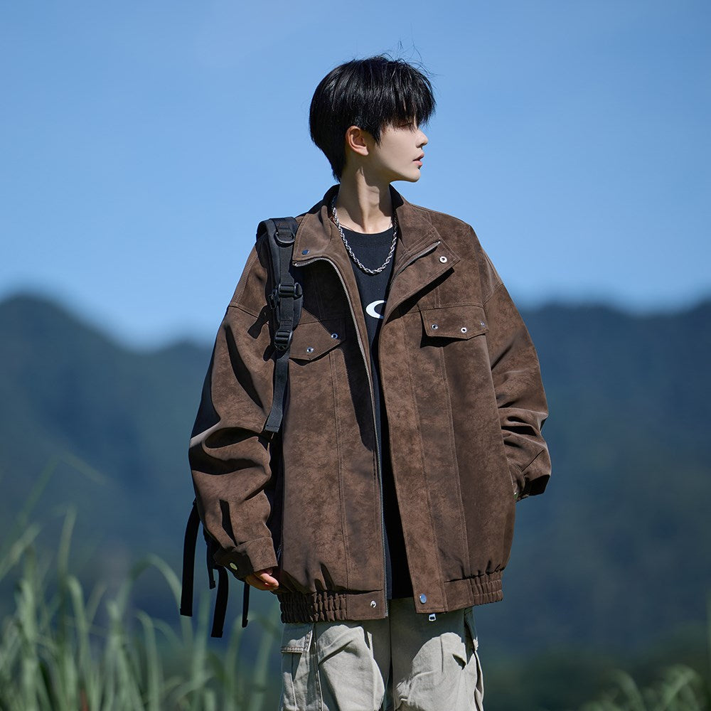 Herr Oversized Läder Jacka med Wide Asymmetrical Lapel och Midja Belt