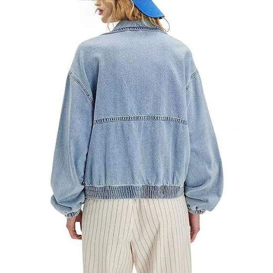 Dam lätt kort denimjacka med Elastic muddar och Zip