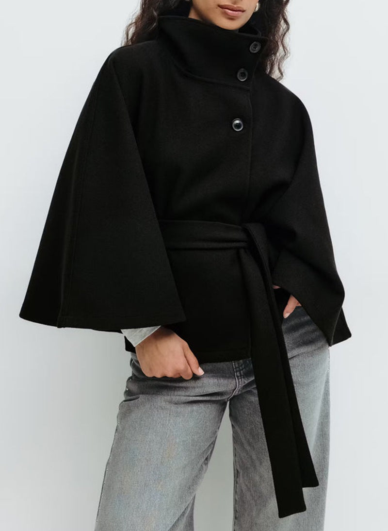 Dam Wrap Jacka med Elegant Ståkrage och Bred-Skärning Ärmar