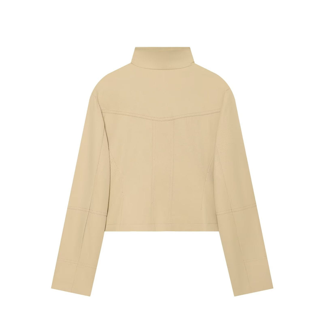 Dam Kort Utility-Stil Blouson med Hög Stå Krage och Double-Breasted Knapp Knäppning