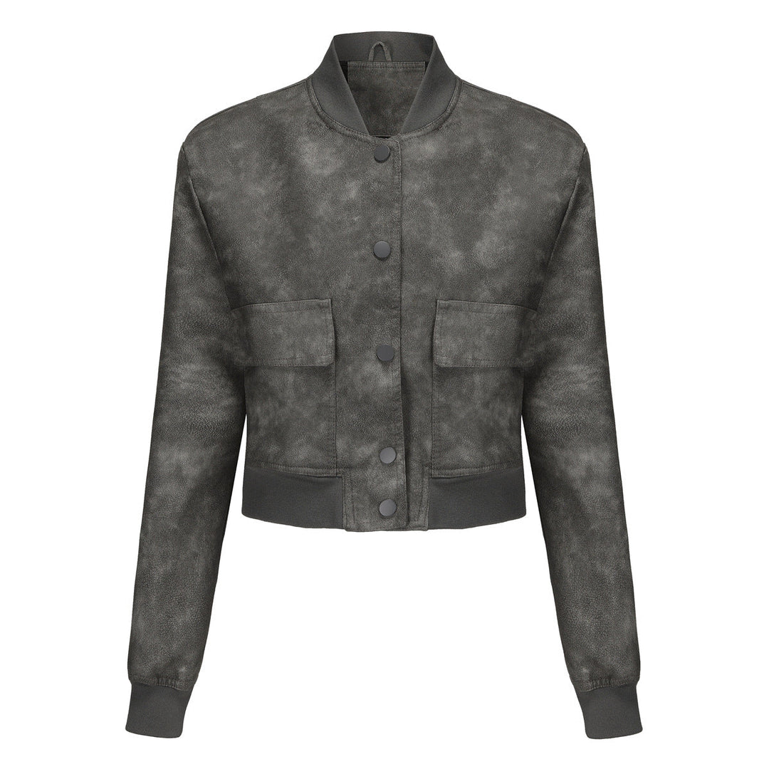 Dam kort crop konstläderjacka i blouson stil med snap front och flap fickor