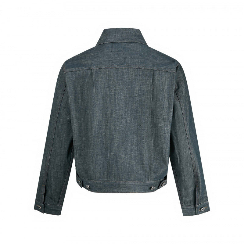 Herr cropped denimjacka med vertikala sömmar, utanpåfickor, och boxig siluett