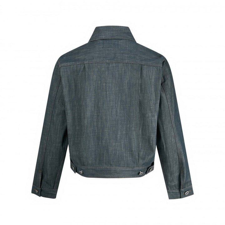 Herr cropped denimjacka med vertikala sömmar, utanpåfickor, och boxig siluett
