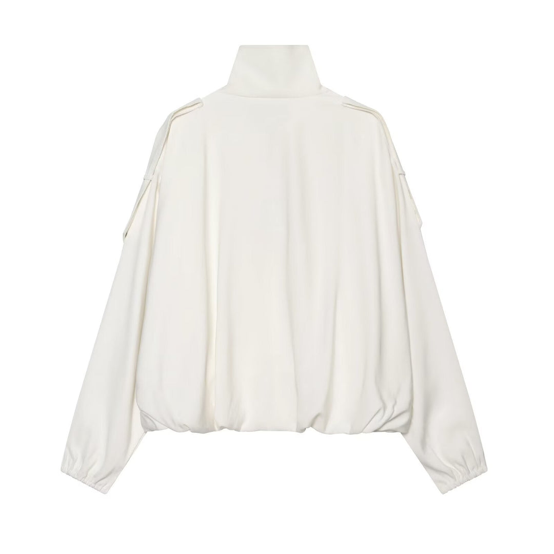 Dam Kort Boxig Canvas Jacka med Funnel Neck, Tryckknapp Knapp Stängning, och Shoulder Patches