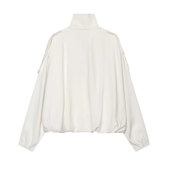 Dam Kort Boxig Canvas Jacka med Funnel Neck, Tryckknapp Knapp Stängning, och Shoulder Patches
