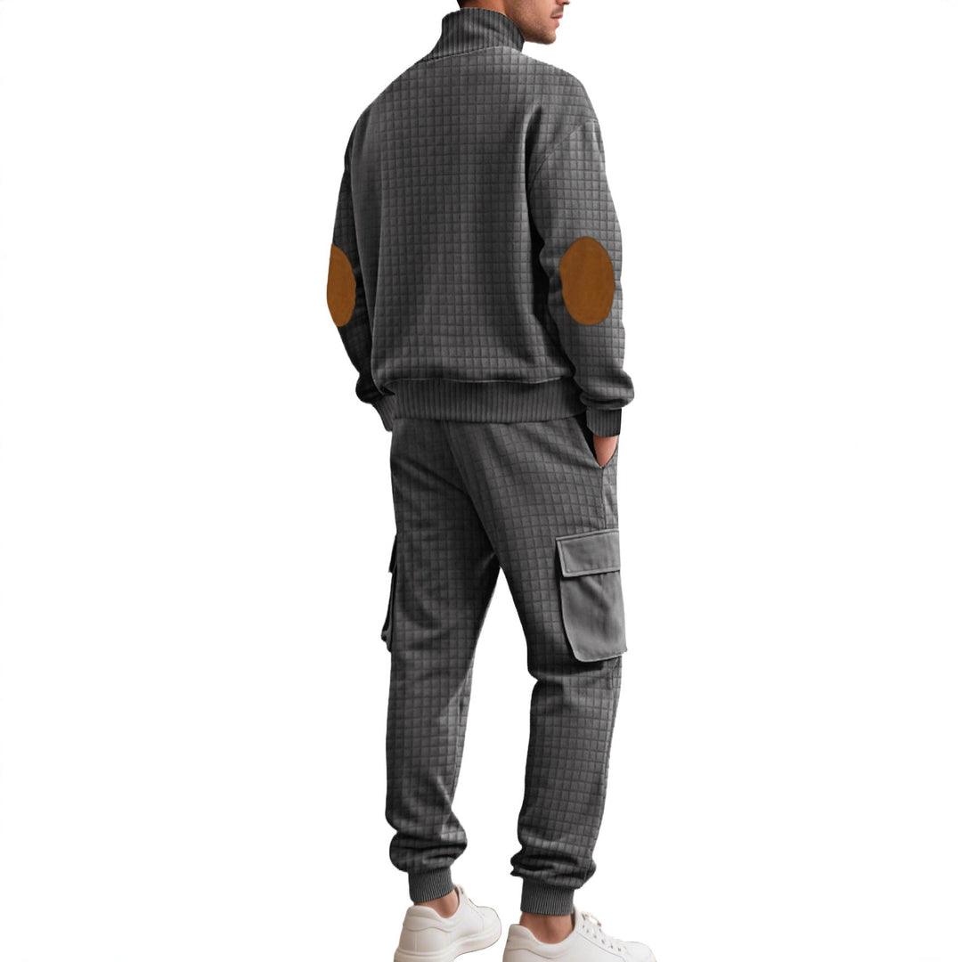 Herr Check Relief Sweat Set med Ståkrage Knapplist, Velour Elbow Lappar och Cargo Jogger