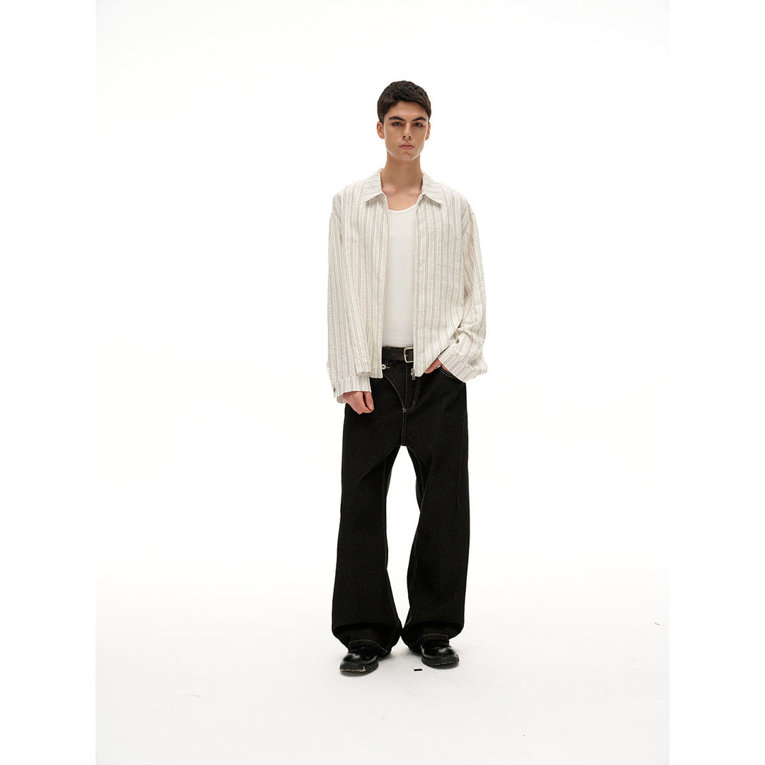 Unisex Lätt Randig Overshirt Jacka med Skjortkrage och Concealed Dragkedja