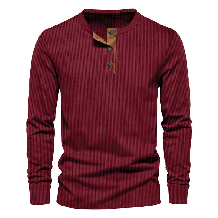 Herr Stickad Termisk Henley med Contrast Knapplist och Ribbstickade Muddar