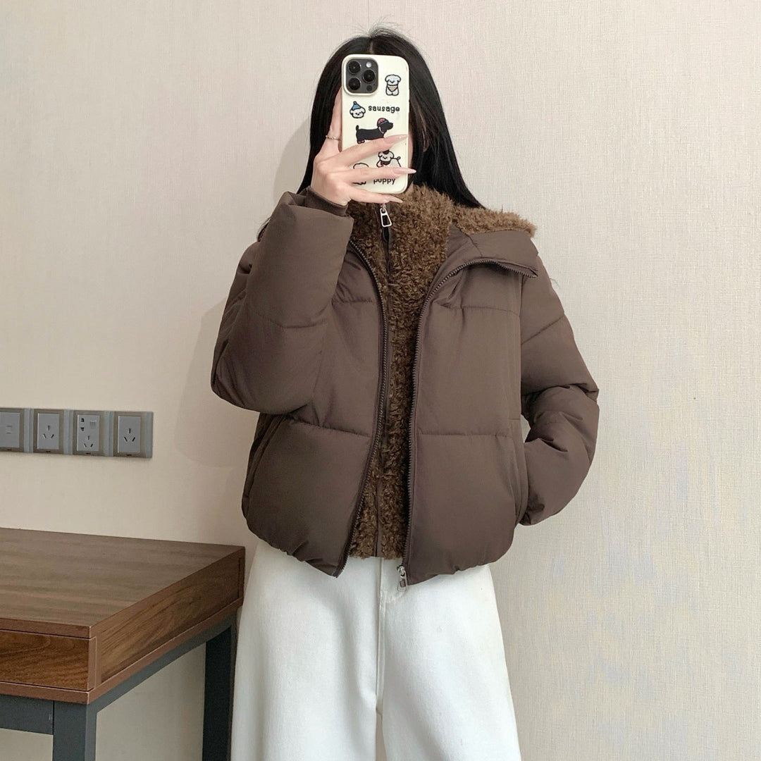 Dam kort vadderad double jacka med detachable teddy inner foder och hög ståkrage