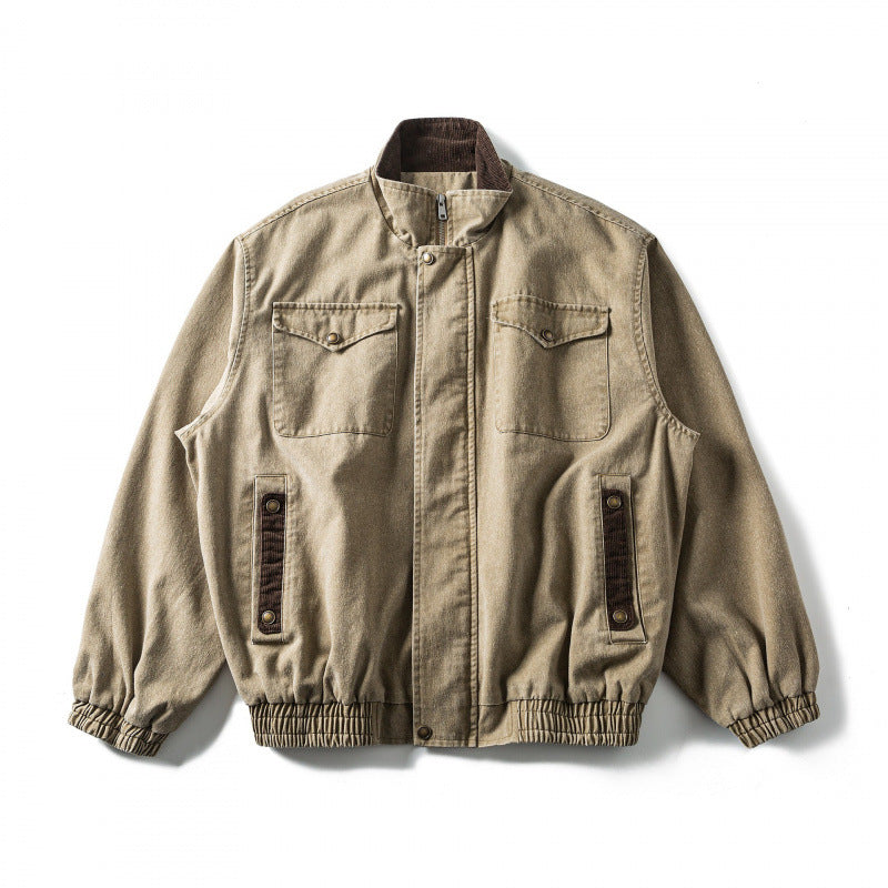 Herr boxig Canvas Blouson Jacka med Cord Trim, ståkrage och elastisk fåll
