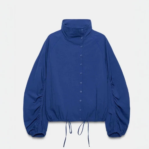Dam Kort Skärning Ull Blend Jacka med Stå Krage, Dragkedja och Balloon Ärmar