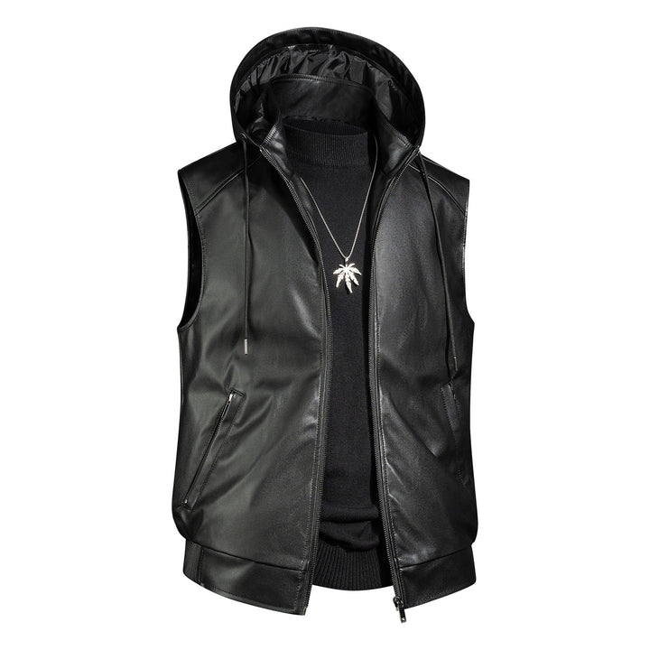 Herr Sleeveless Läder väst med huva quiltad Nappa Look och fickor med dragkedja