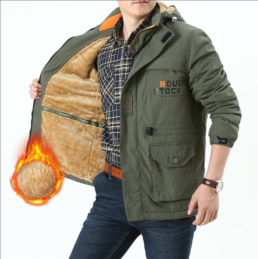 Herr Insulated Fält Parka i Utility Stil med Teddy Fleece Inre Krage, Huva, och Multi-Pockets