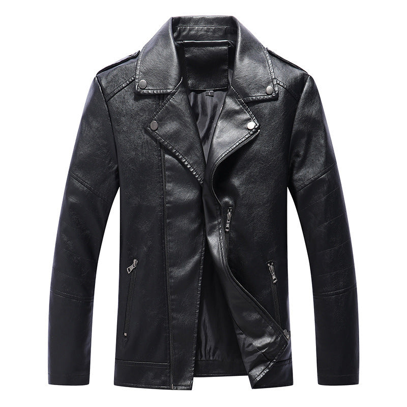 Herr Smal Passform Konstläder Biker Jacka med Quiltad Arm Panels och Lapel Krage