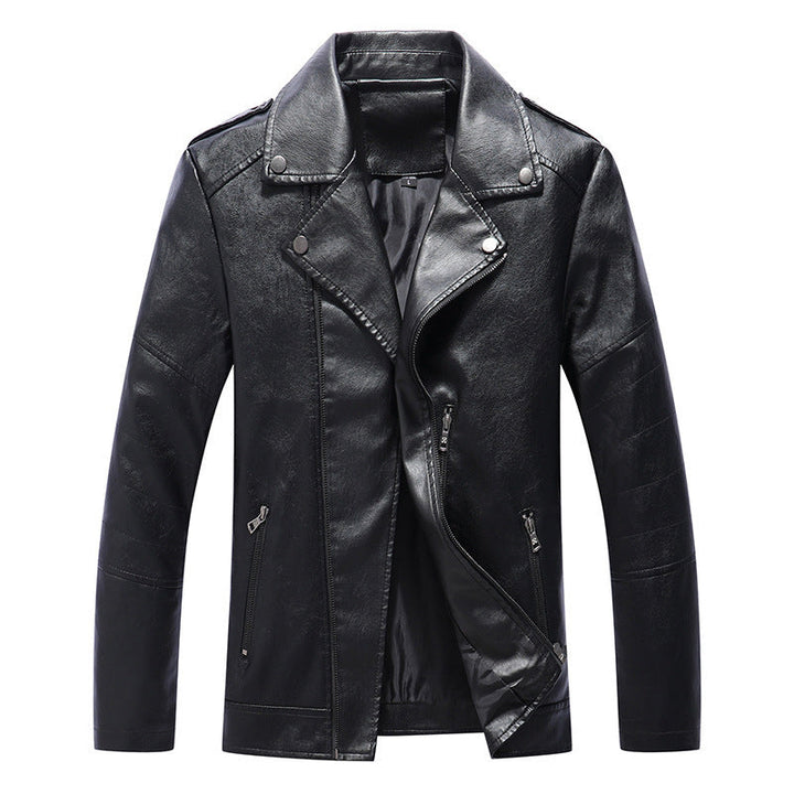 Herr Smal Passform Konstläder Biker Jacka med Quiltad Arm Panels och Lapel Krage